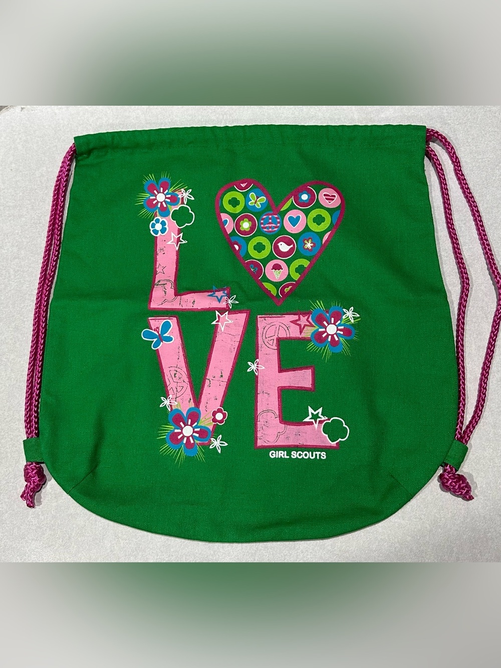 Girl Scouts LOVE Green & Pink Canvas String-Backpack Tote-Bag Draw-String Sack